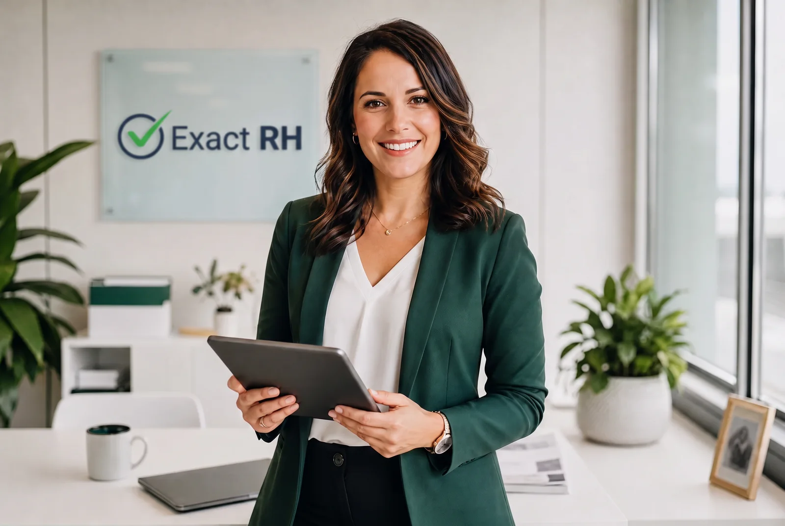 Consultante Exact RH devant le logo Exact RH